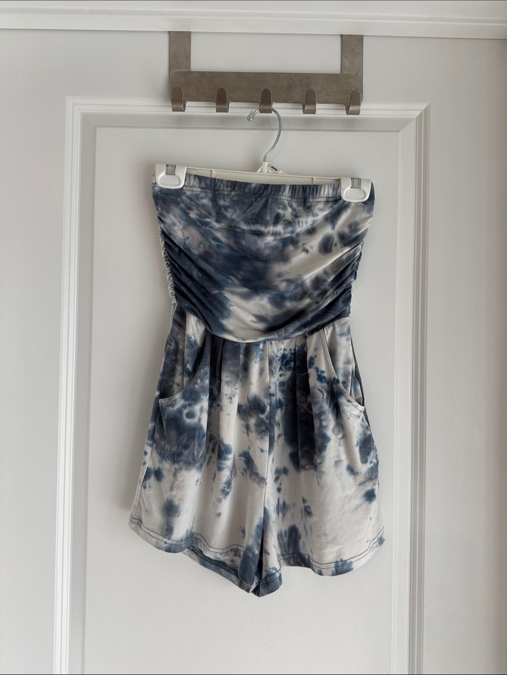 Justin Boots Tie-Dye Strapless High-Waist Romper Shorts in Blue and White